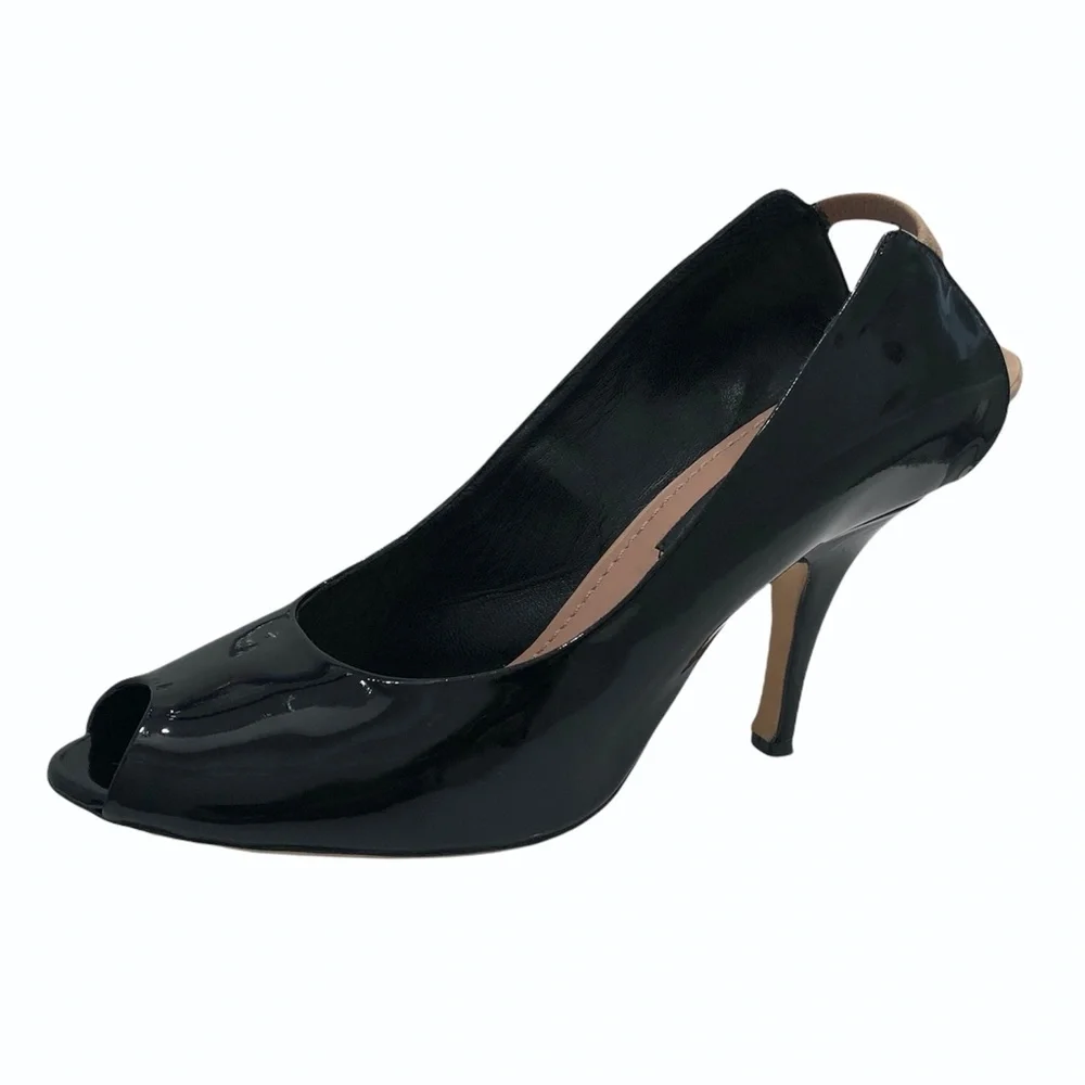 MARC JACOBS BLACK PATENT LEATHER PEEP TOE OPEN BEIGE HEEL STILETTOS HEELS